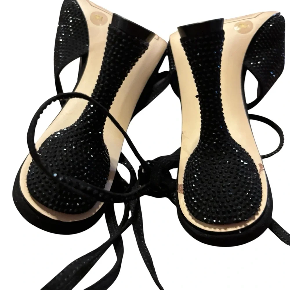 Gianni Bini Black Rhinestone Crystal  Pointy Toe Heels Stiletto 6M Strappy - Picture 8 of 8